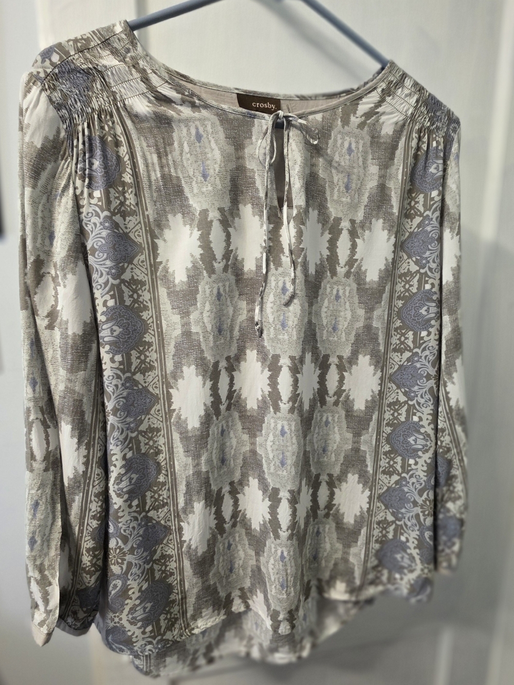 crosby. Patterned Peasant Blouse in Sage, Cream, and Soft Blue